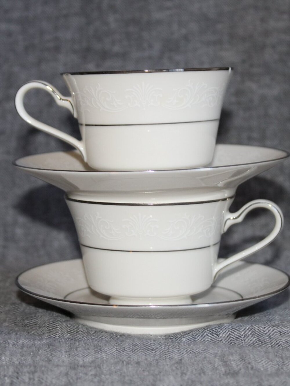 Vtg Set of (2) Noritake 'Marseille' Teacups & Saucers, Ivory China & Silver Rims